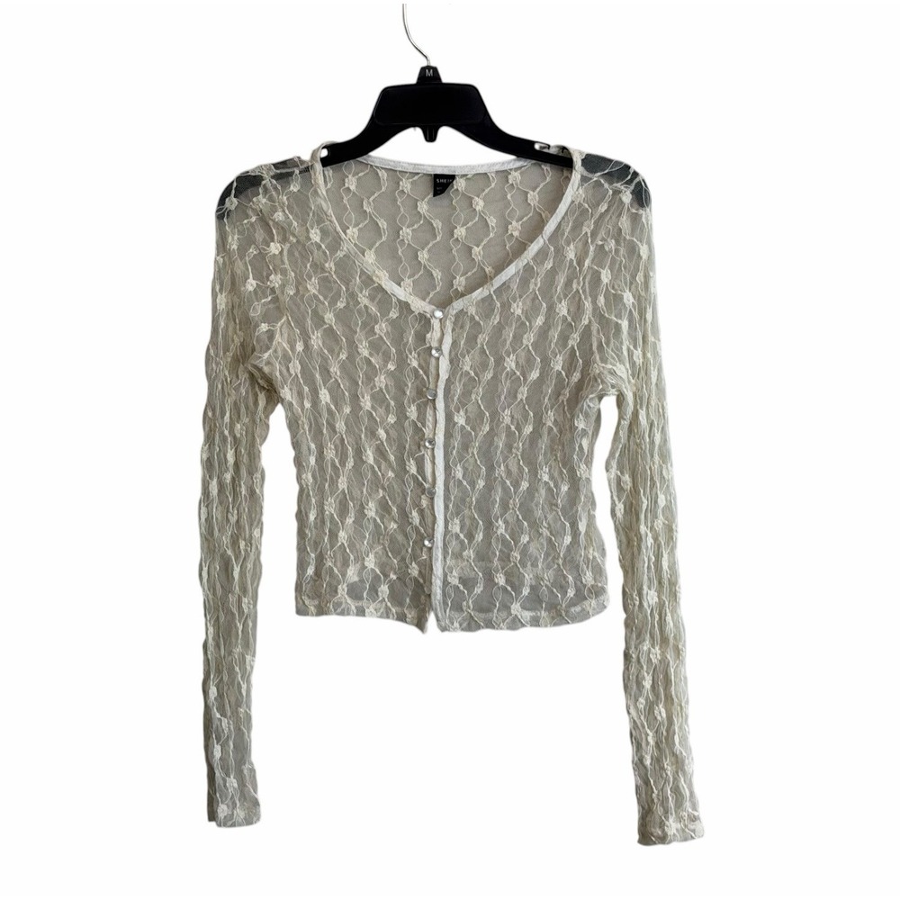 Y2K Womens Med Sheer Cream Floral Lace Cardigan Cropped Fairy Coquette Dainty